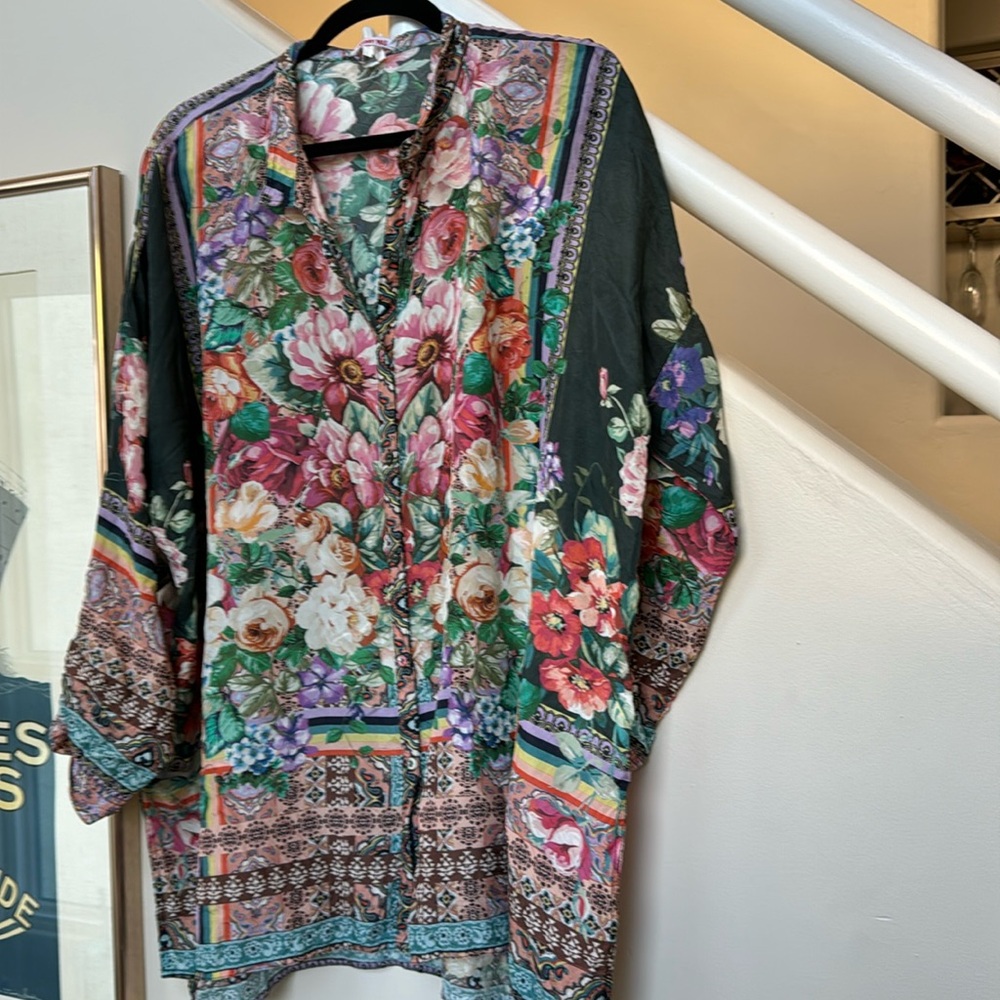 Johnny Was 100% Silk Oversized Multicolor Floral Blouse